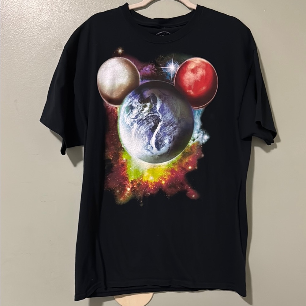 EUC MICKEY MOUSE EARTH PRINT Black T-Shirt with Planetary Graphic